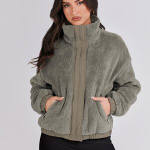 ANRABESS Womens Fleece Jacket Casual Long Sleeve Cropped Sherpa Button Down Fuzzy Warm Coats Fall Outwear With Pockets Grey Medium