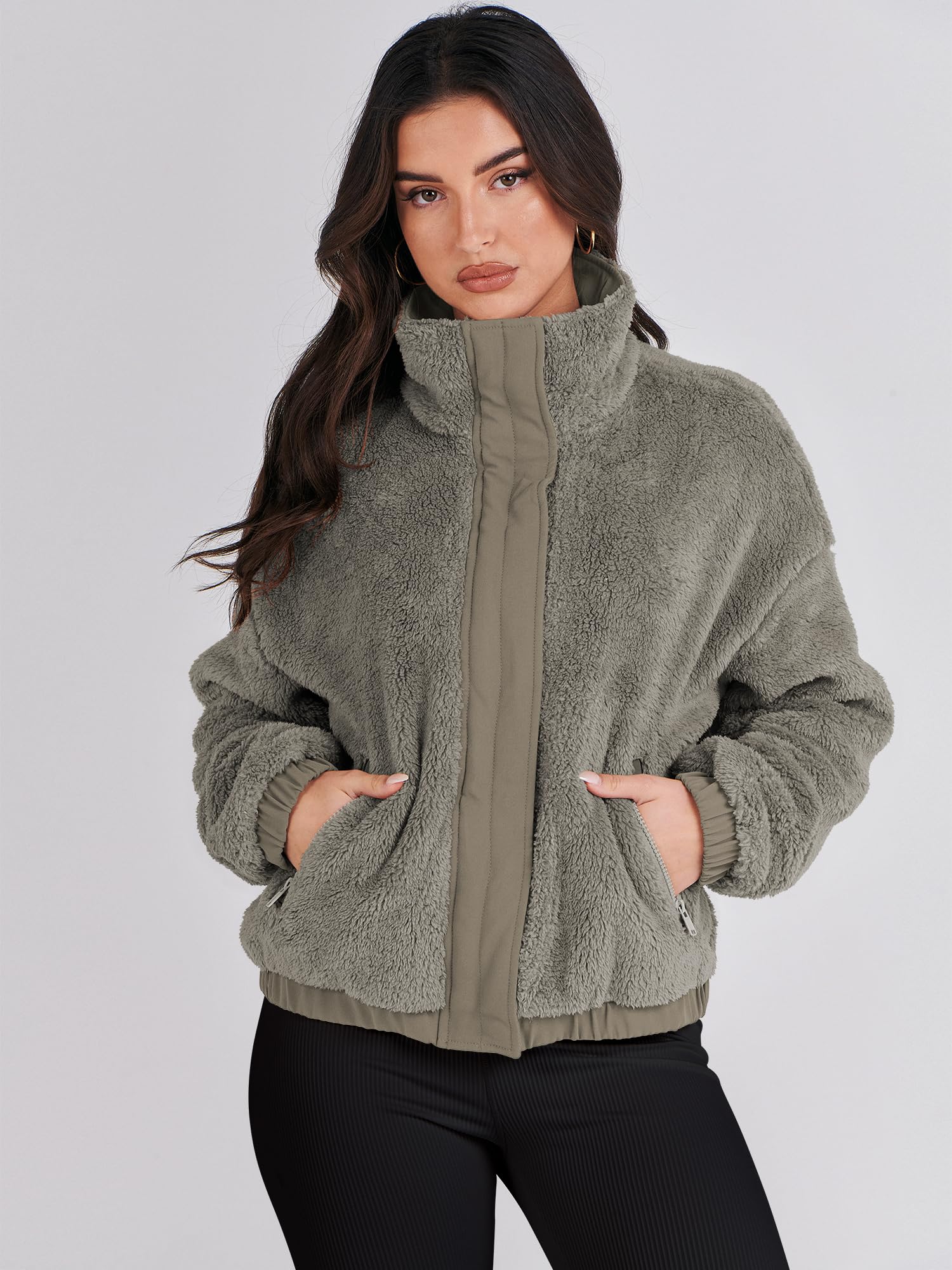 ANRABESS Womens Fleece Jacket Casual Long Sleeve Cropped Sherpa Button Down Fuzzy Warm Coats Fall Outwear With Pockets Grey Medium