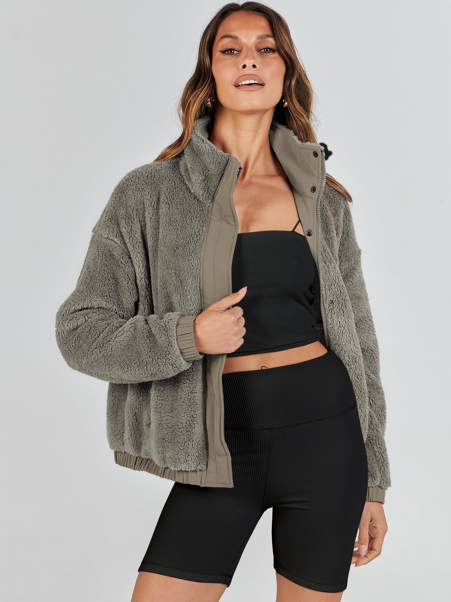 ANRABESS Womens Fleece Jacket Casual Long Sleeve Cropped Sherpa Button Down Fuzzy Warm Coats Fall Outwear With Pockets Grey Medium