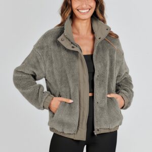 ANRABESS Womens Fleece Jacket Casual Long Sleeve Cropped Sherpa Button Down Fuzzy Warm Coats Fall Outwear With Pockets Grey Medium