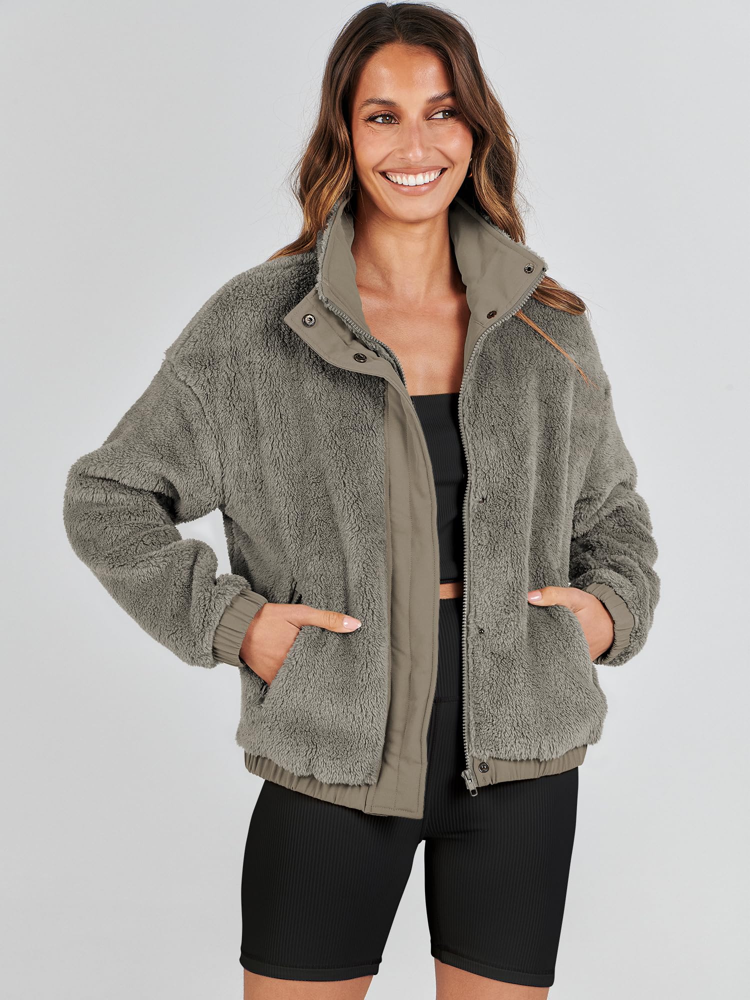 ANRABESS Womens Fleece Jacket Casual Long Sleeve Cropped Sherpa Button Down Fuzzy Warm Coats Fall Outwear With Pockets Grey Medium