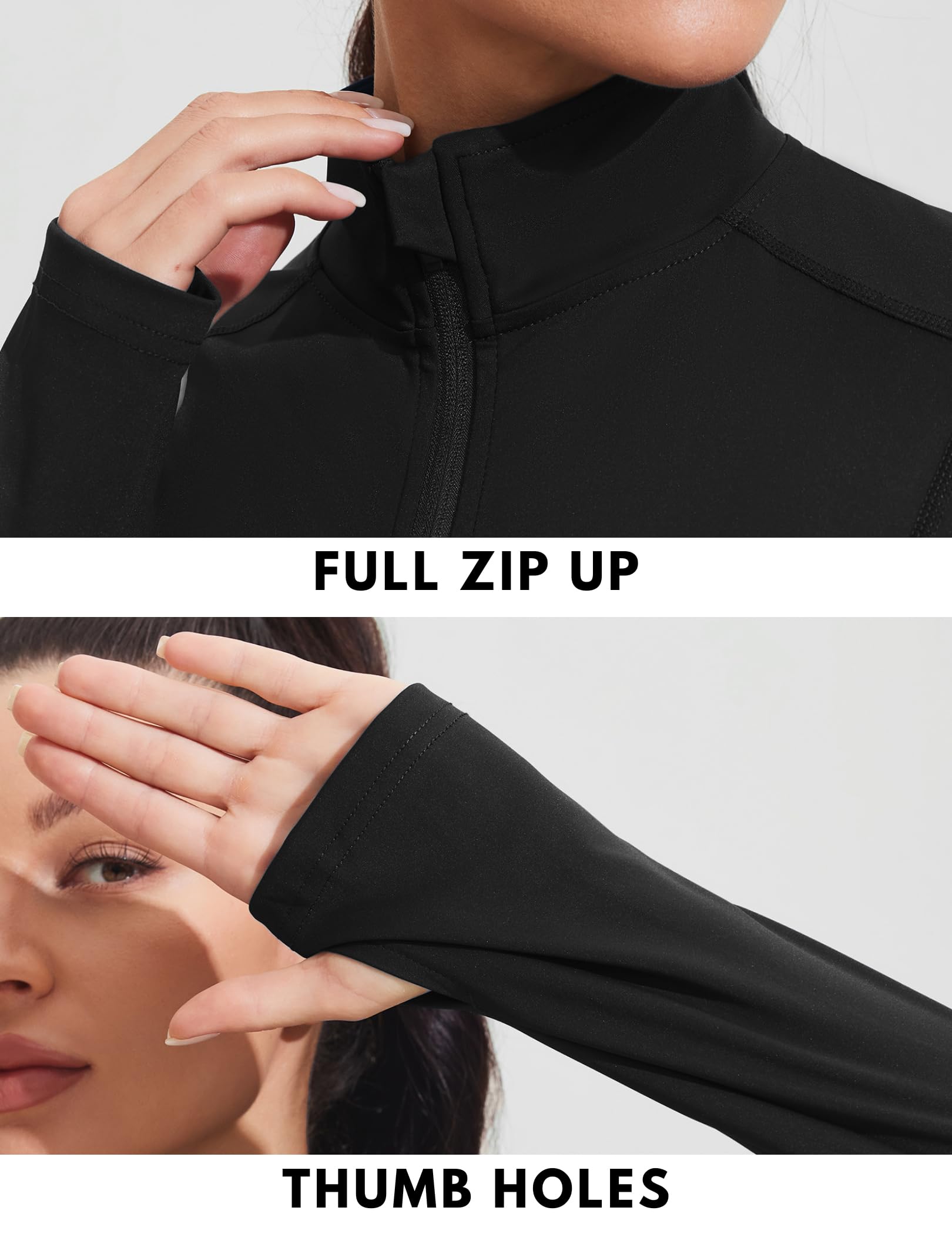 PINSPARK Workout Jackets for Women Athletic Running Gym Yoga Jacket Lightweight Full Zip Slim Fit Sports Tops Thumb Holes Pockets, Black, Small