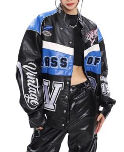 aelfric eden women's leather bomber jackets oversized patchwork vintage cropped racer moto jackets