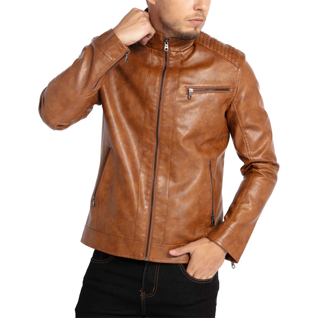 WULFUL Men's Stand Collar Leather Jacket Motorcycle Lightweight Faux Leather Outwear