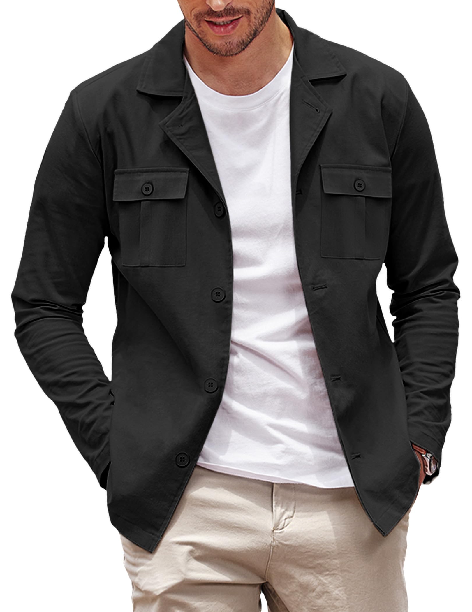 COOFANDY Long Sleeve Shirt Jackets for Men Cotton Linen Casual Shacket Work Button Down Overshirt