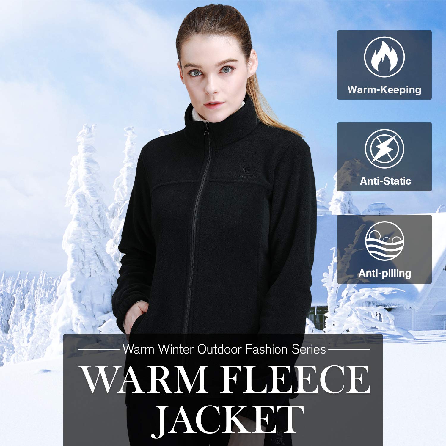 CAMEL CROWN Women Full Zip Fleece Jackets with Pockets Soft Polar Fleece Coat Jacket Sweater for Spring Outdoor New Black S