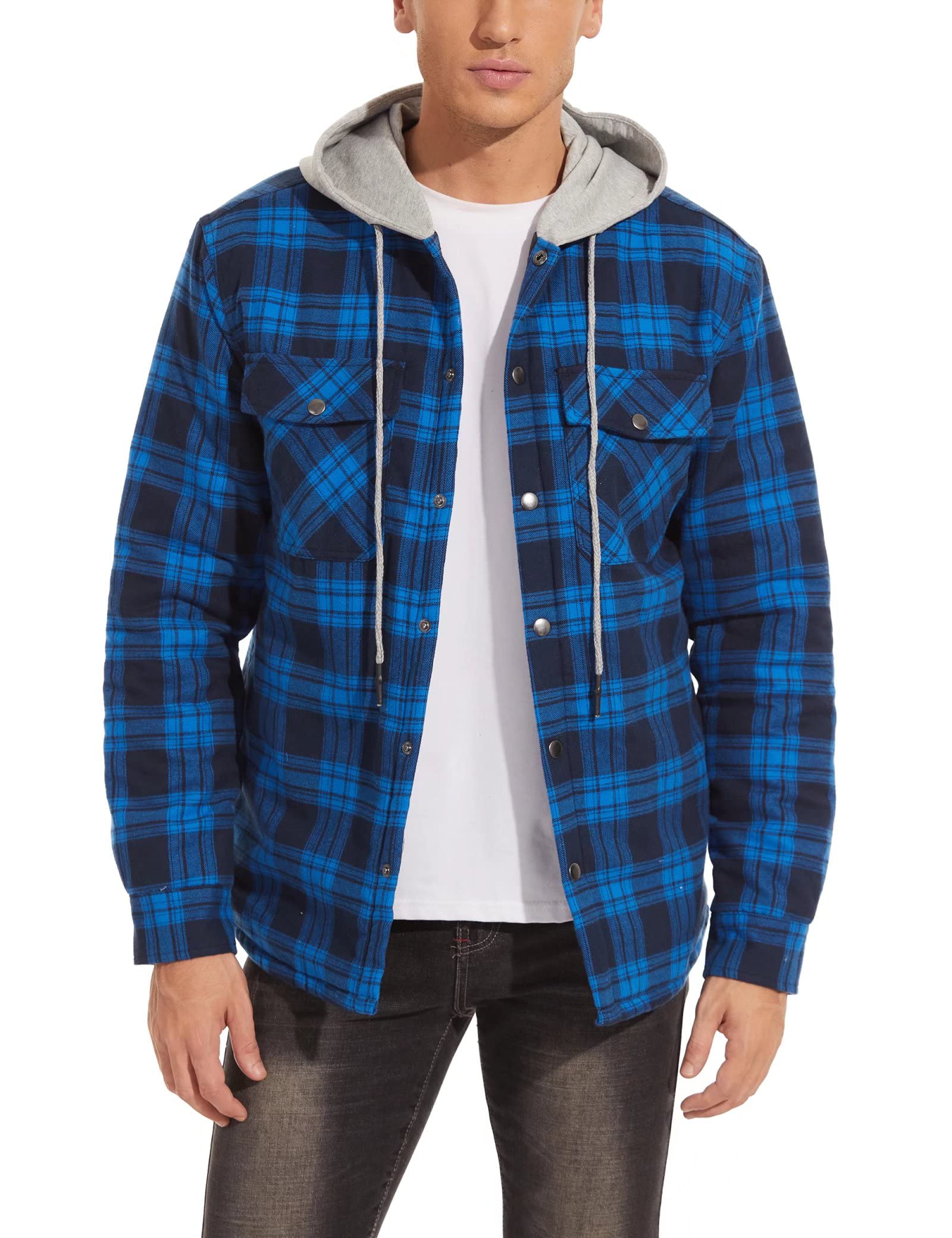 MAGCOMSEN Men's Cotton Flannel Jacket Thicken Plaid Long Sleeve Loose Hooded Shirts Jacket Men Padded Coat Flannel Hooded Shirt Jacket