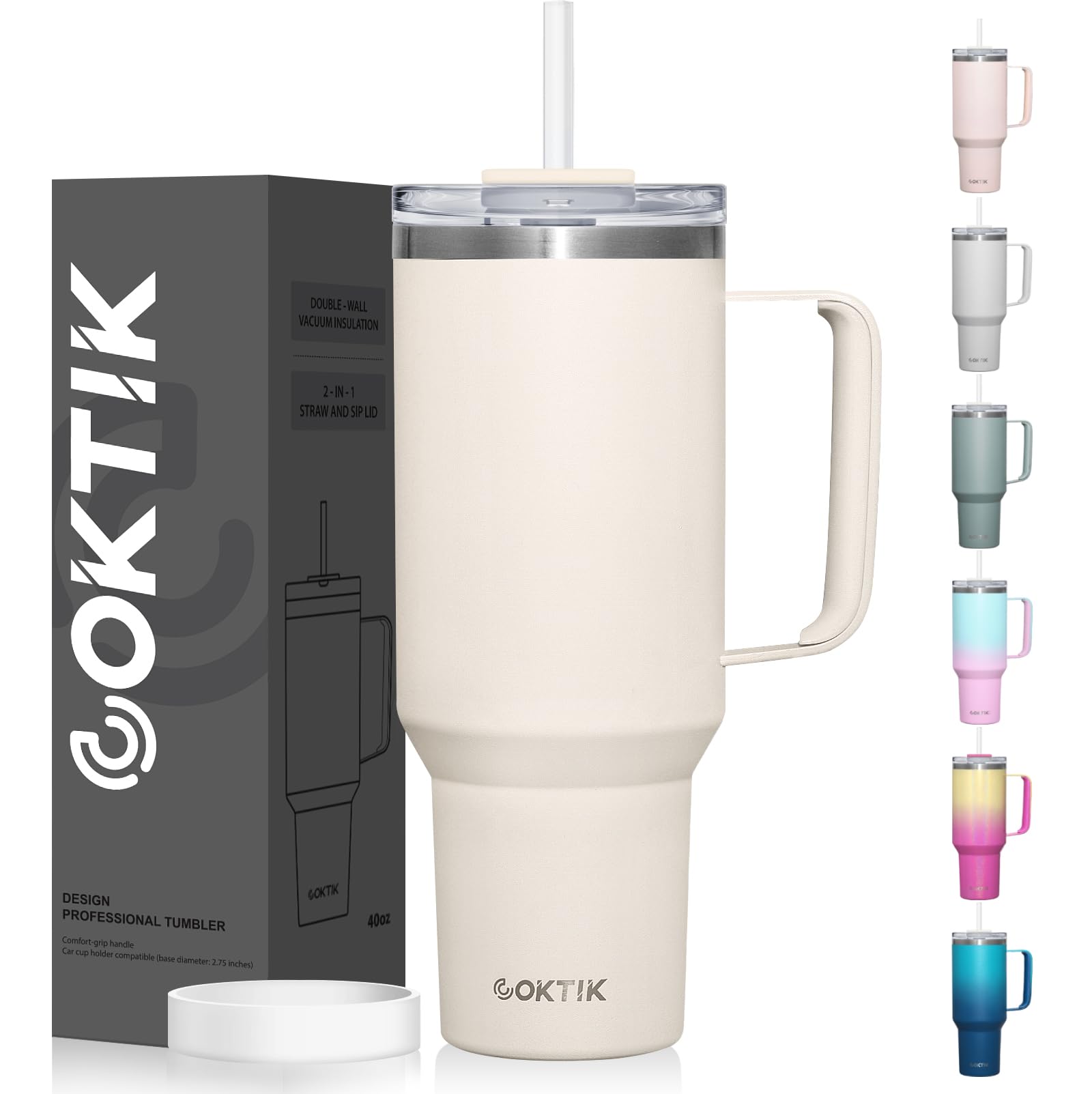 COKTIK 40 oz Tumbler With Handle and Straw Lid, 2-in-1 Lid (Straw/Flip), Vacuum Insulated Travel Mug Stainless Steel Tumbler for Hot and Cold Beverages,Easy to Clean (Beige)