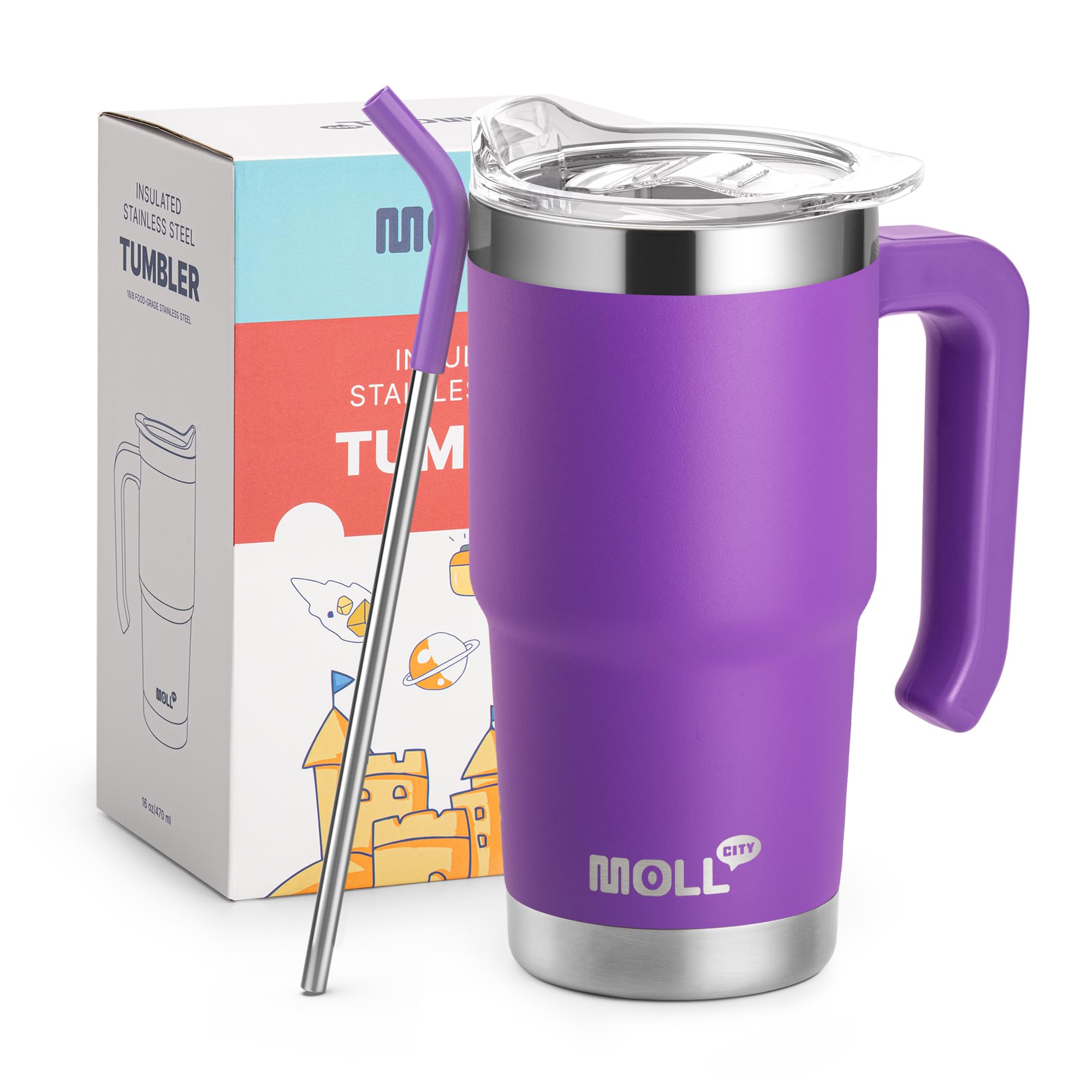 Mollcity Insulated Tumbler with Handle 16 oz Stainless Steel Double Wall Vacuum Tumbler Travel Water Cup with Lid and Straw, BPA Free (Purple)