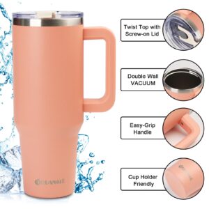 AQUAPHILE 40 oz Insulated Tumbler with Handle, Stainless Steel Travel Mug with Lid and Straw, Double Wall Vacuum Leak Proof Portable Coffee Tumbler, Thermal Cup for Car, Camping, Outdoor(Peach Pink)