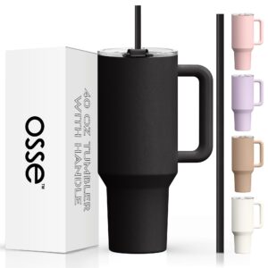 osse 40oz tumbler with handle and straw lid | double wall vacuum reusable stainless steel insulated water bottle travel mug cup | modern insulated tumblers cupholder friendly (black)