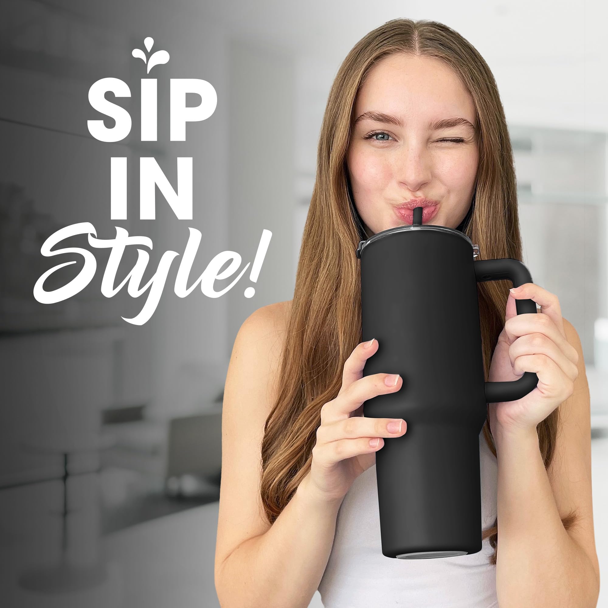 osse 40oz Tumbler with Handle and Straw Lid | Double Wall Vacuum Reusable Stainless Steel Insulated Water Bottle Travel Mug Cup | Modern Insulated Tumblers Cupholder Friendly (Black)