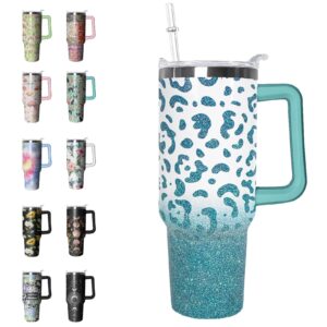 Rcvlauf 40oz Tumbler with Handle and Straw Leopard Tumbler Leak Proof Insulated Cup 40oz Mint Green Leopard Coffee Travel Mug Leopard Decor Stuff Gifts for Women