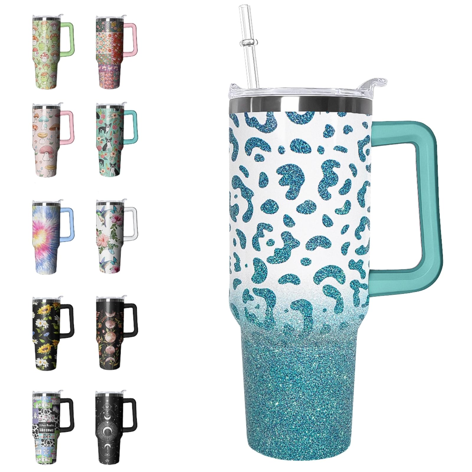 Rcvlauf 40oz Tumbler with Handle and Straw Leopard Tumbler Leak Proof Insulated Cup 40oz Mint Green Leopard Coffee Travel Mug Leopard Decor Stuff Gifts for Women