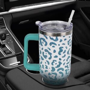 Rcvlauf 40oz Tumbler with Handle and Straw Leopard Tumbler Leak Proof Insulated Cup 40oz Mint Green Leopard Coffee Travel Mug Leopard Decor Stuff Gifts for Women