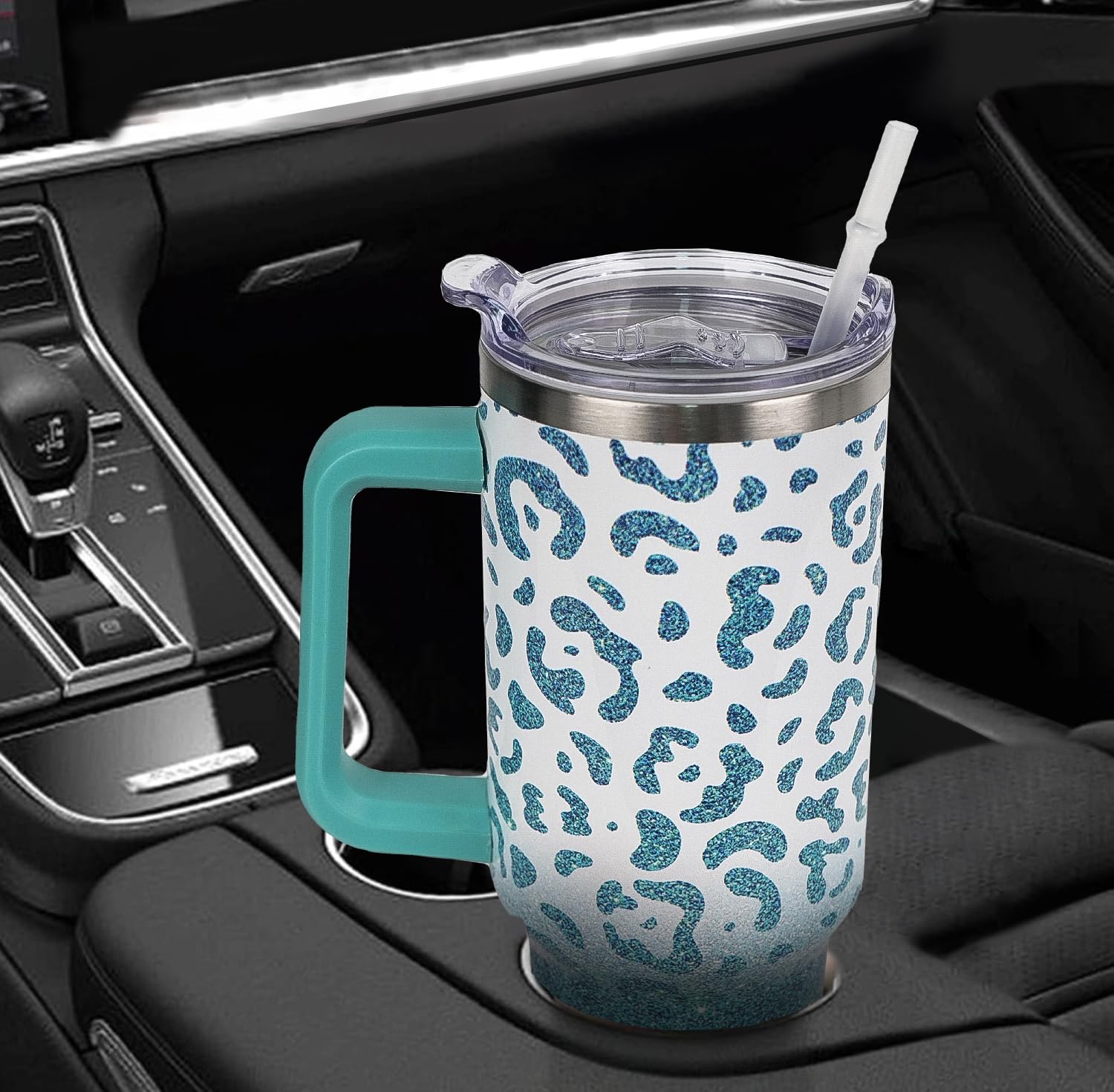 Rcvlauf 40oz Tumbler with Handle and Straw Leopard Tumbler Leak Proof Insulated Cup 40oz Mint Green Leopard Coffee Travel Mug Leopard Decor Stuff Gifts for Women