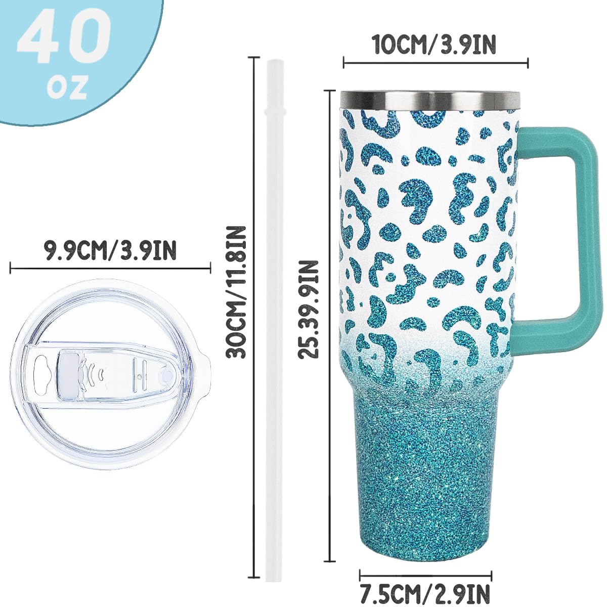 Rcvlauf 40oz Tumbler with Handle and Straw Leopard Tumbler Leak Proof Insulated Cup 40oz Mint Green Leopard Coffee Travel Mug Leopard Decor Stuff Gifts for Women