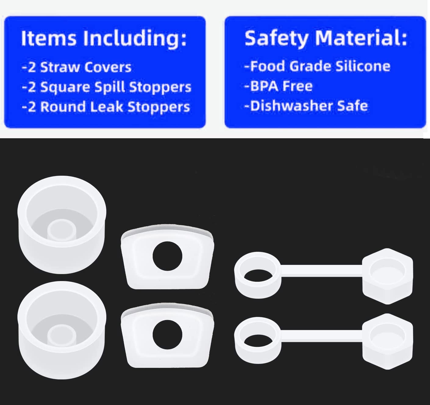 Silicone Spill Proof Stopper for Stanleys Cup 2.0 40oz/ 30oz, Including 2 Straw Cover Caps, 2 Square Spill Stopper and 2 Round Leak Stopper, Tumblers Accessories (for Stanleys Cup 2.0)