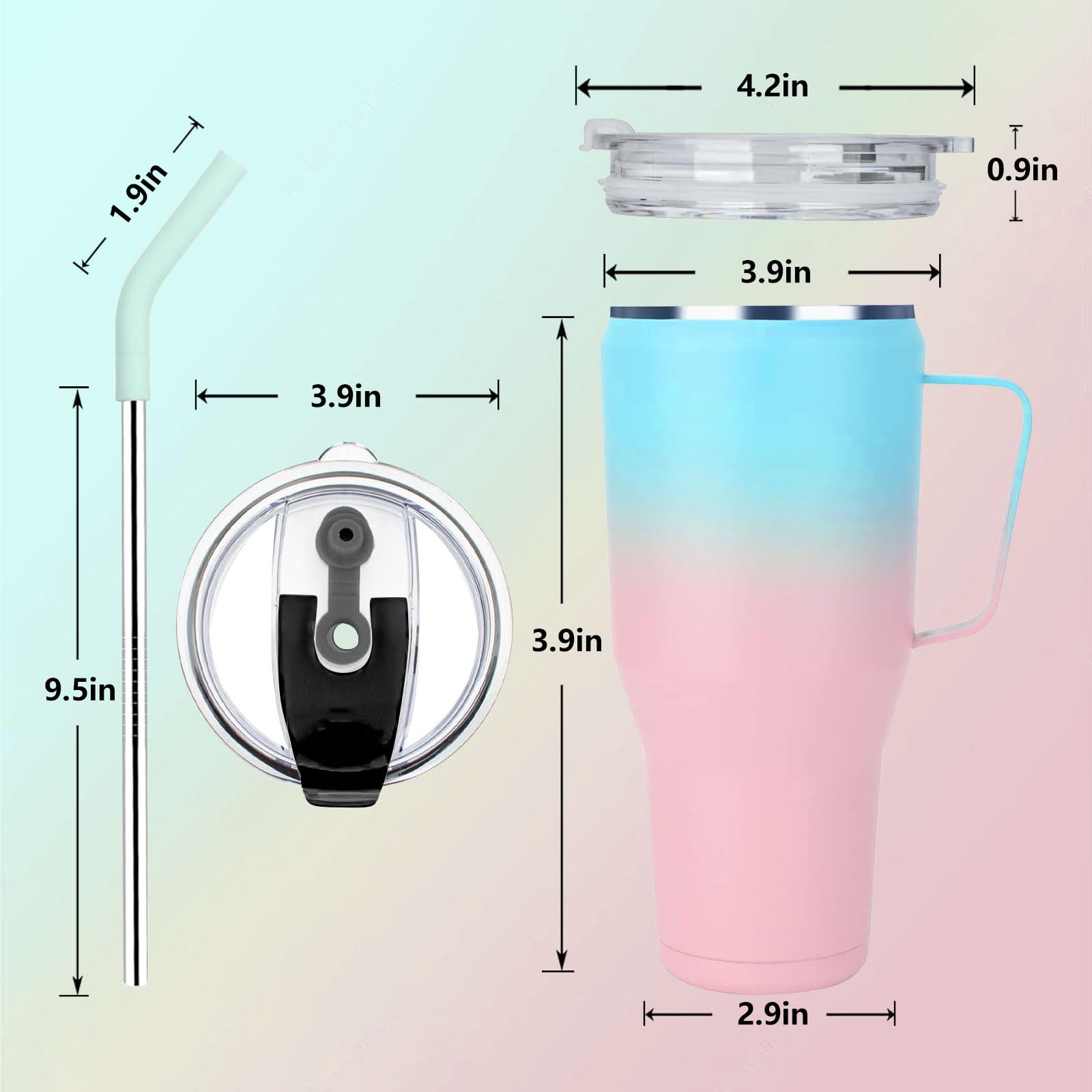 Perched helper 40 oz Tumbler with Handle and Straw, 2-in-1 Lid (Straw/Flip) - Stainless Steel Travel Mug Insulated Vacuum Sealed Cup for Hot and Cold Beverages (Pink Blue)