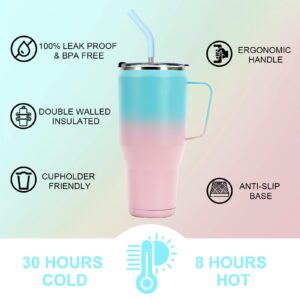 Perched helper 40 oz Tumbler with Handle and Straw, 2-in-1 Lid (Straw/Flip) - Stainless Steel Travel Mug Insulated Vacuum Sealed Cup for Hot and Cold Beverages (Pink Blue)