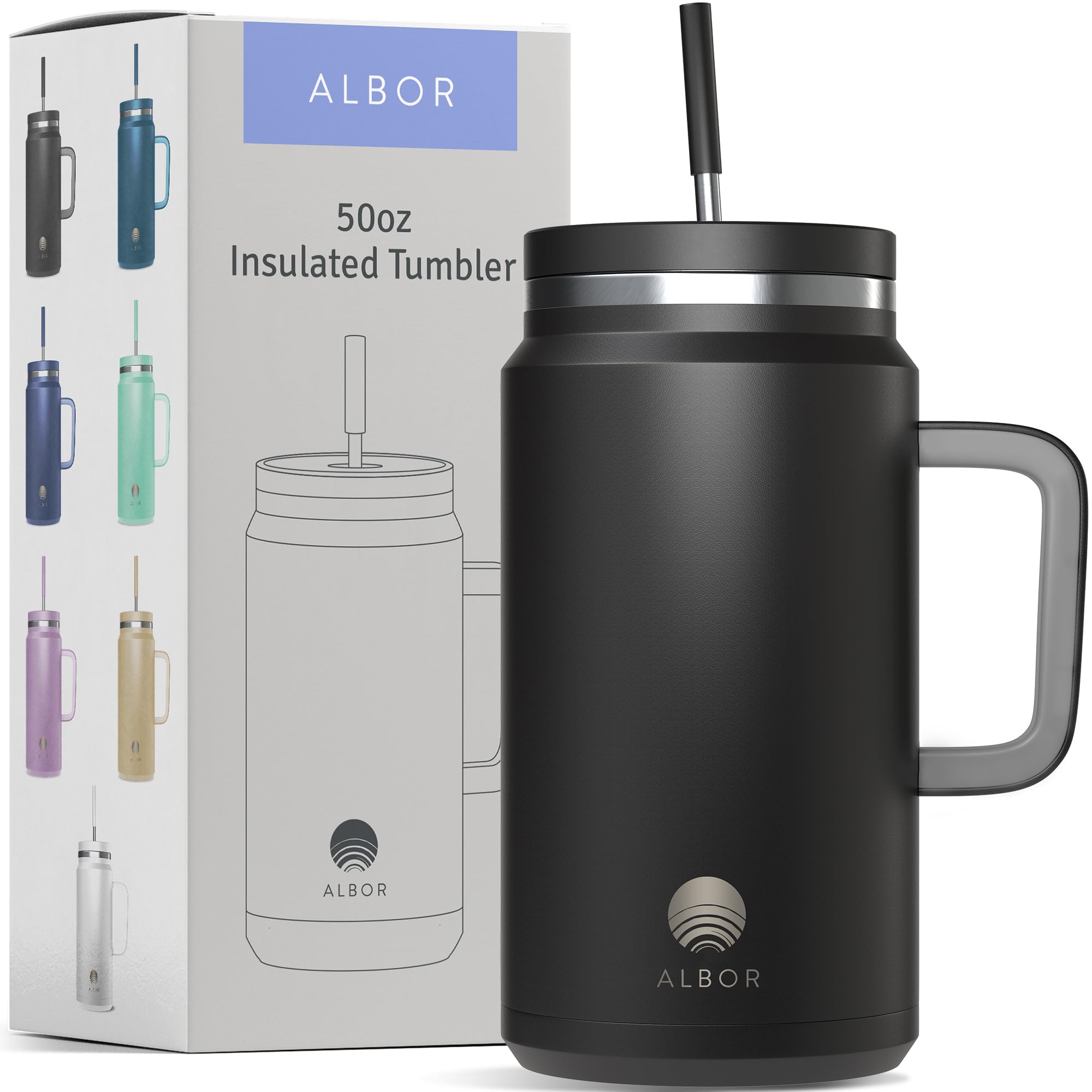 ALBOR 50 oz Tumbler With Lid and Straw, Leak Proof Durable Stainless Steel Insulated Tumbler With Handle, Spill Proof Water Bottles With Straw (Black)