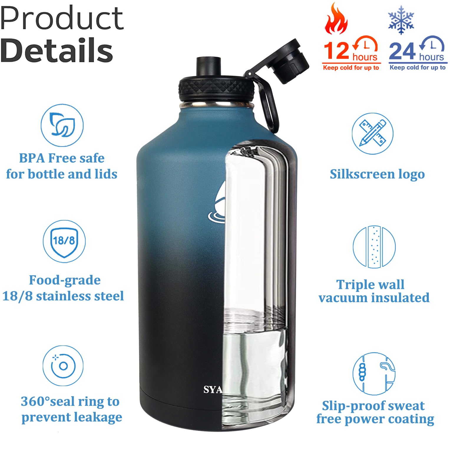 Half Gallon Insulated Water Jug - Insulated Stainless Steel Water Bottle, Straw & Chug Lid, 64oz Stainless Steel Large Water Bottle, Keep Hot 12H & Cold 48 for Travel Hiking Camping Work