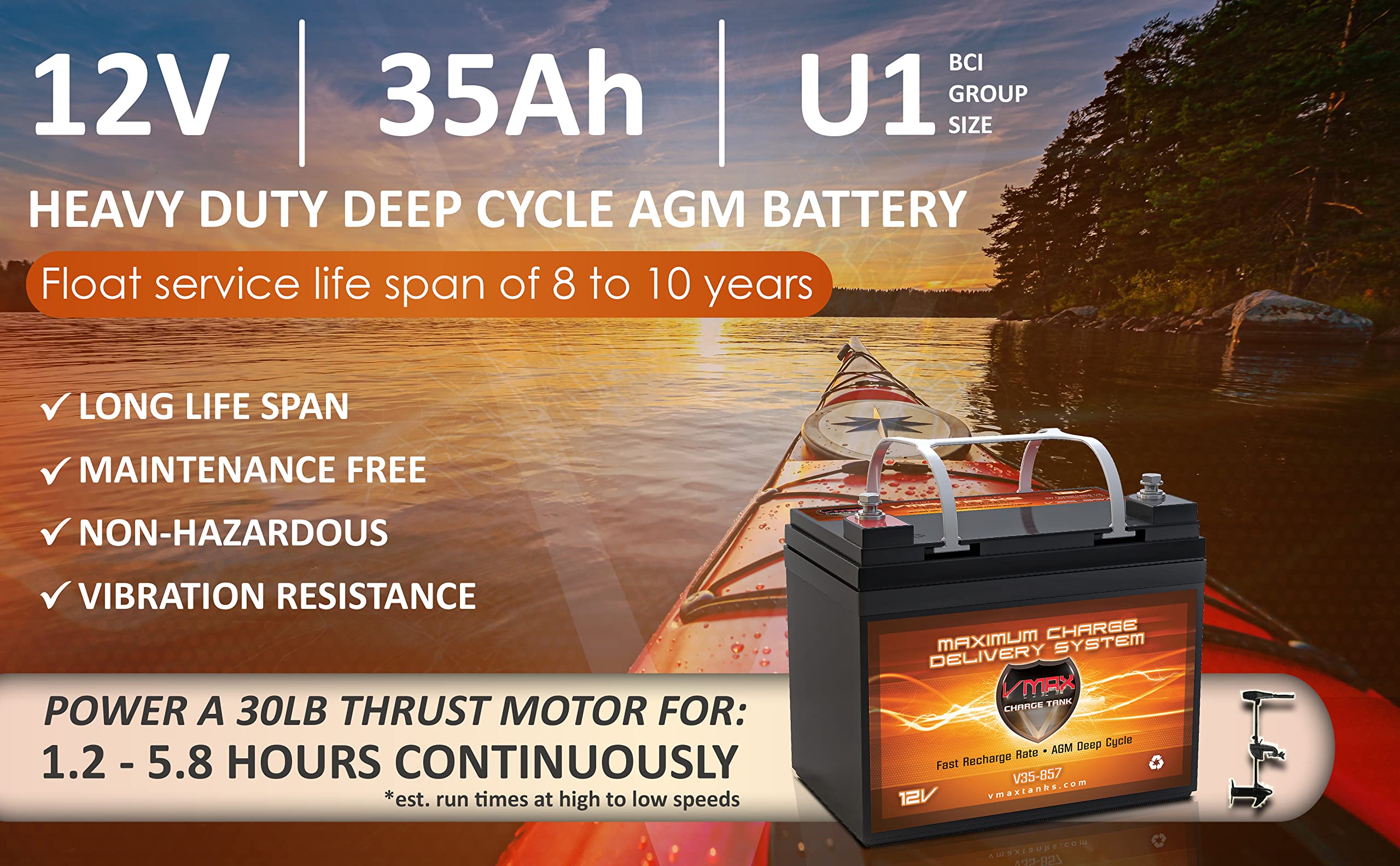 VMAXTANKS V35-857 12V 35AH AGM Marine Deep Cycle Battery for Berkley BTX25 - Saltwater Electric Trolling Motor (12V 35AH, GROUP U1, 7.7"x 5"x 6.1")