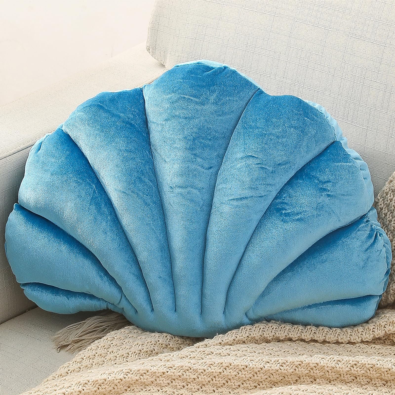 Gerlisay 3D Shell Pillow Blue Sea Princess Seashell Decorative Pillows, Soft Velvet Insert Included Cushion for Sofa Bed Couch Chair Home Living Room Bedroom Office Decor 16.9 * 12.99''