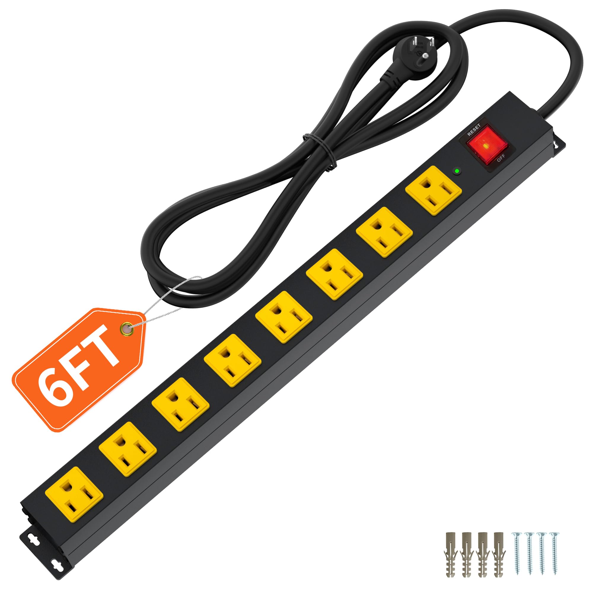 8 Outlet Long Power Strip, 2100J Surge Protector Heavy Duty 6FT Cord Wide Spaced and Wall Mount Metal Powerstrip for Home Office Garage Workshop