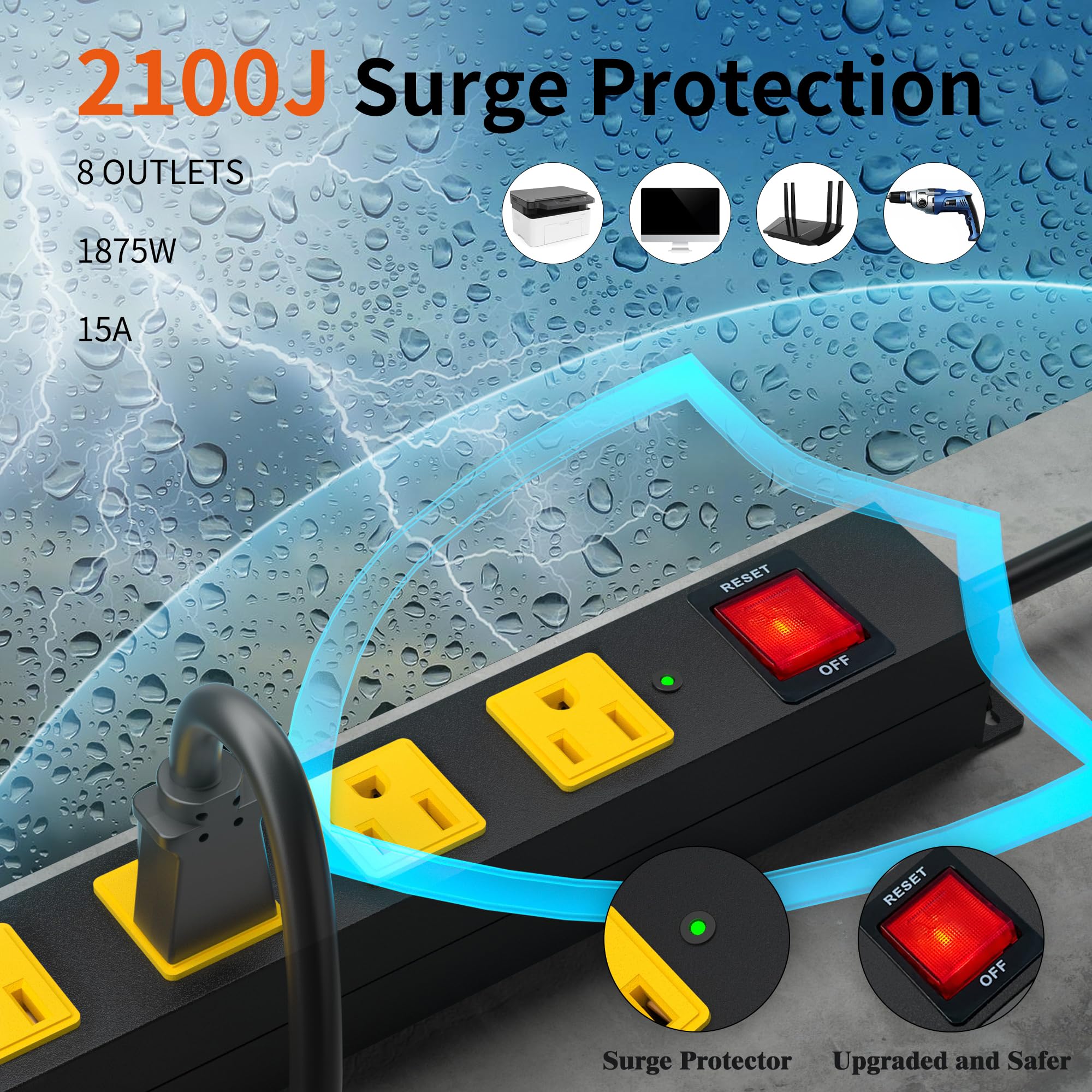 8 Outlet Long Power Strip, 2100J Surge Protector Heavy Duty 6FT Cord Wide Spaced and Wall Mount Metal Powerstrip for Home Office Garage Workshop