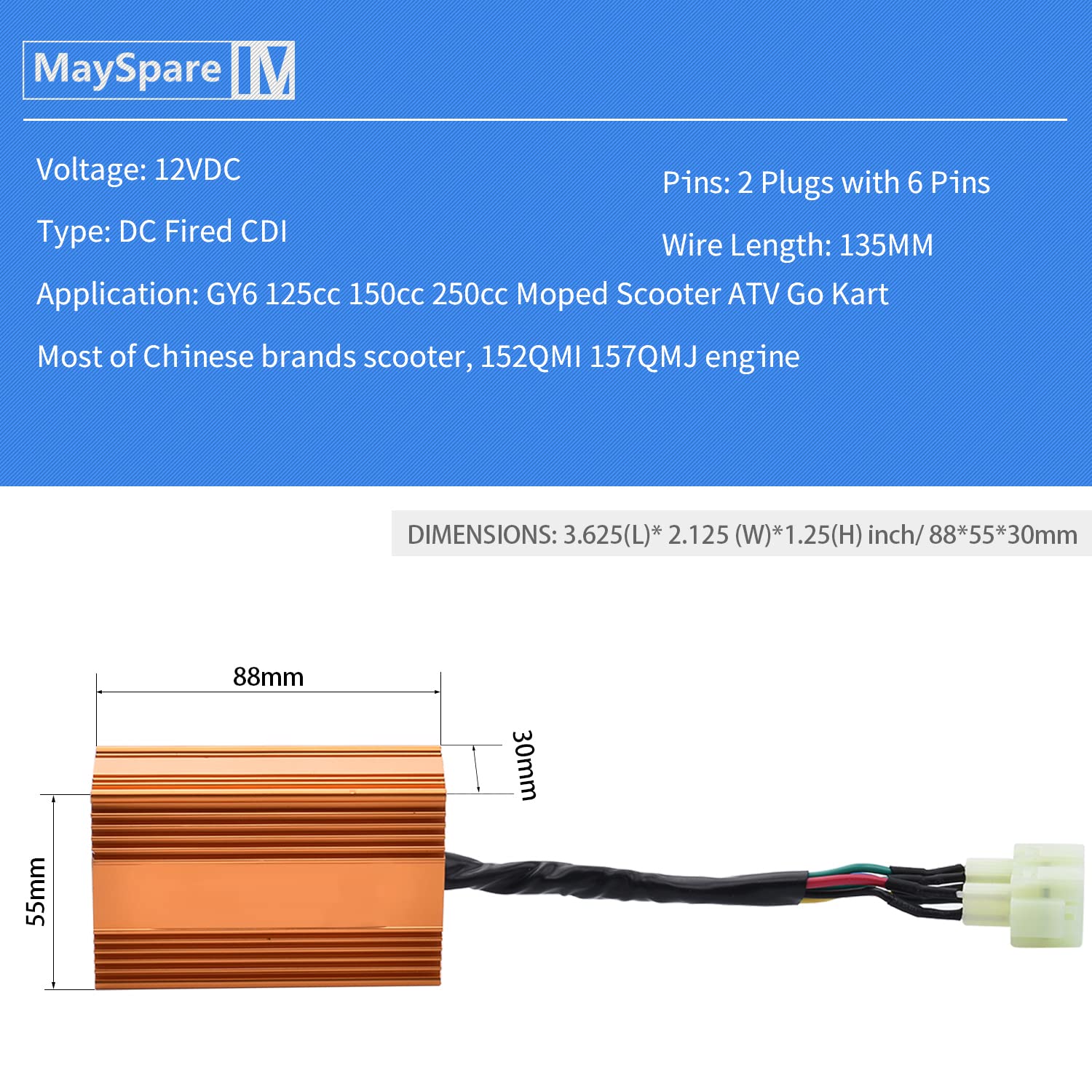 MaySpare 6 Pins DC CDI Box Variable Timing Performance For GY6 4-Stork Engine 125cc 150cc 250cc No Rev Limit