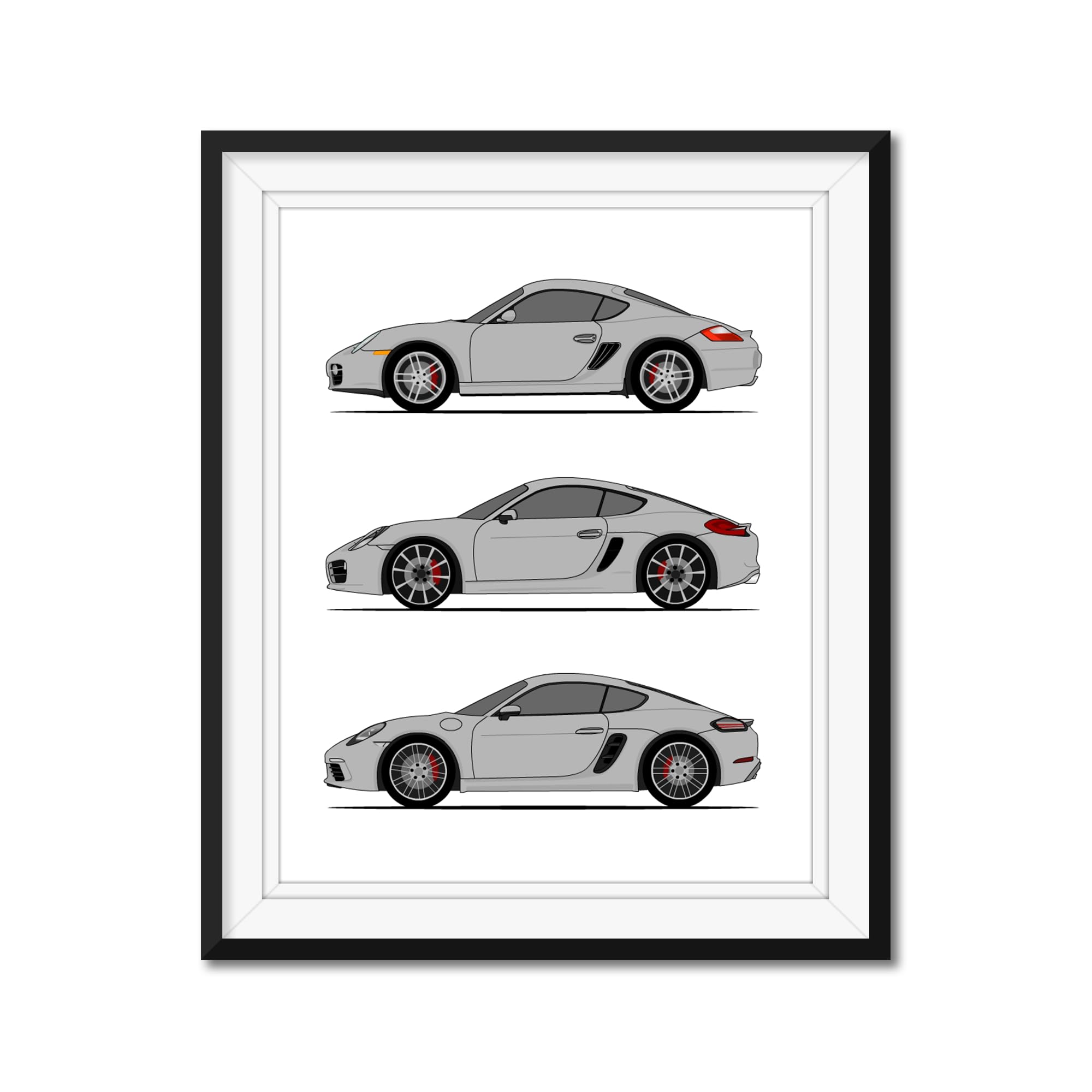 Porsche Cayman Generations (Side/Profile) Inspired Car Poster - Handmade Print of Cayman (718/981/ 987) - Silver, 11x14" Metallic Print (Unframed)-Perfect Gift Car Enthusiast