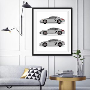 Porsche Cayman Generations (Side/Profile) Inspired Car Poster - Handmade Print of Cayman (718/981/ 987) - Silver, 11x14" Metallic Print (Unframed)-Perfect Gift Car Enthusiast