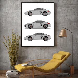 Porsche Cayman Generations (Side/Profile) Inspired Car Poster - Handmade Print of Cayman (718/981/ 987) - Silver, 11x14" Metallic Print (Unframed)-Perfect Gift Car Enthusiast