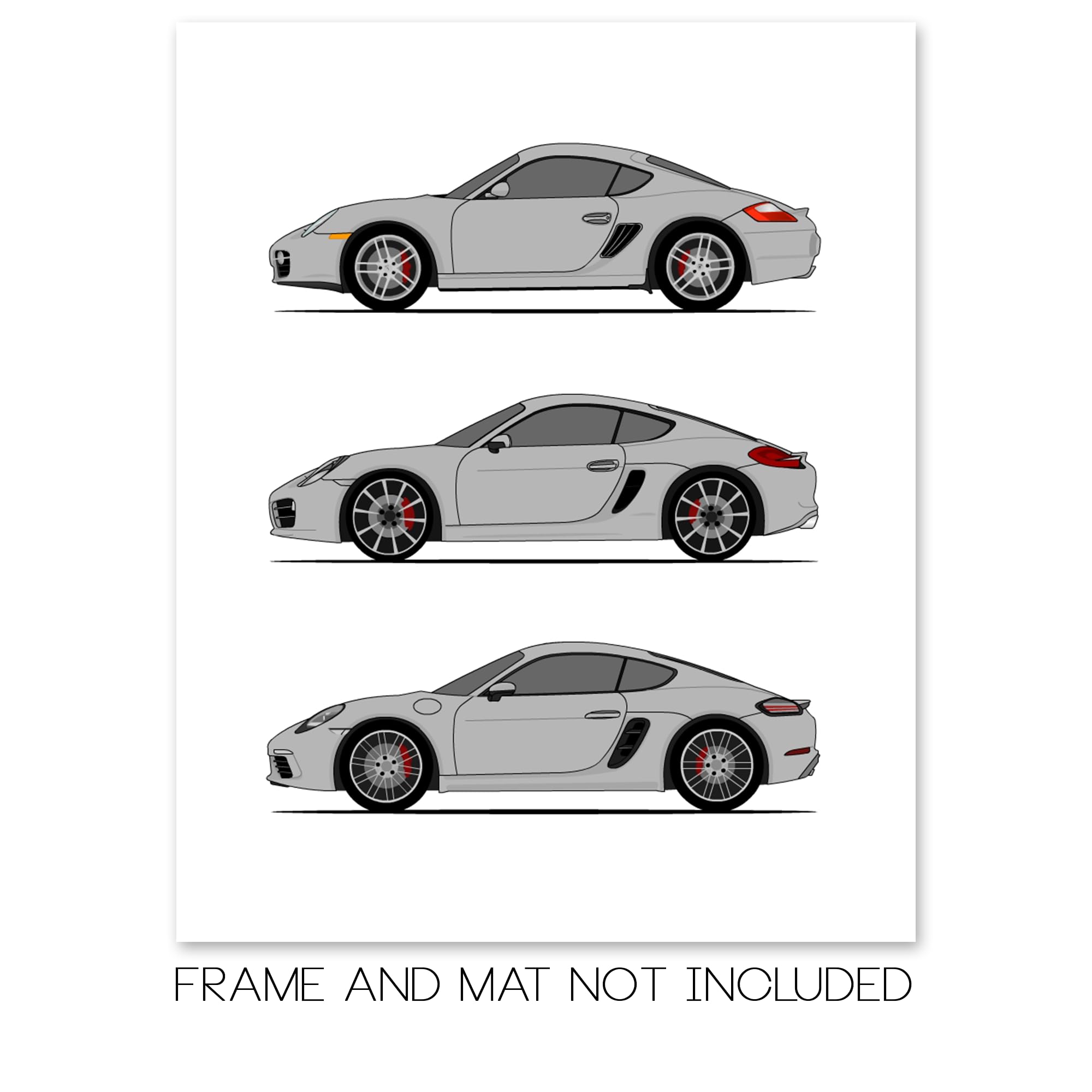 Porsche Cayman Generations (Side/Profile) Inspired Car Poster - Handmade Print of Cayman (718/981/ 987) - Silver, 11x14" Metallic Print (Unframed)-Perfect Gift Car Enthusiast