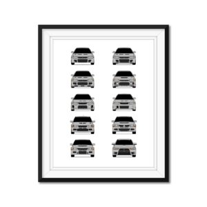 mitsubishi lancer evolution generations inspired car poster - handmade print of mitsubishi evo (evo i to evo x) - silver, 8x10" satin print (unframed)-perfect gift car enthusiast