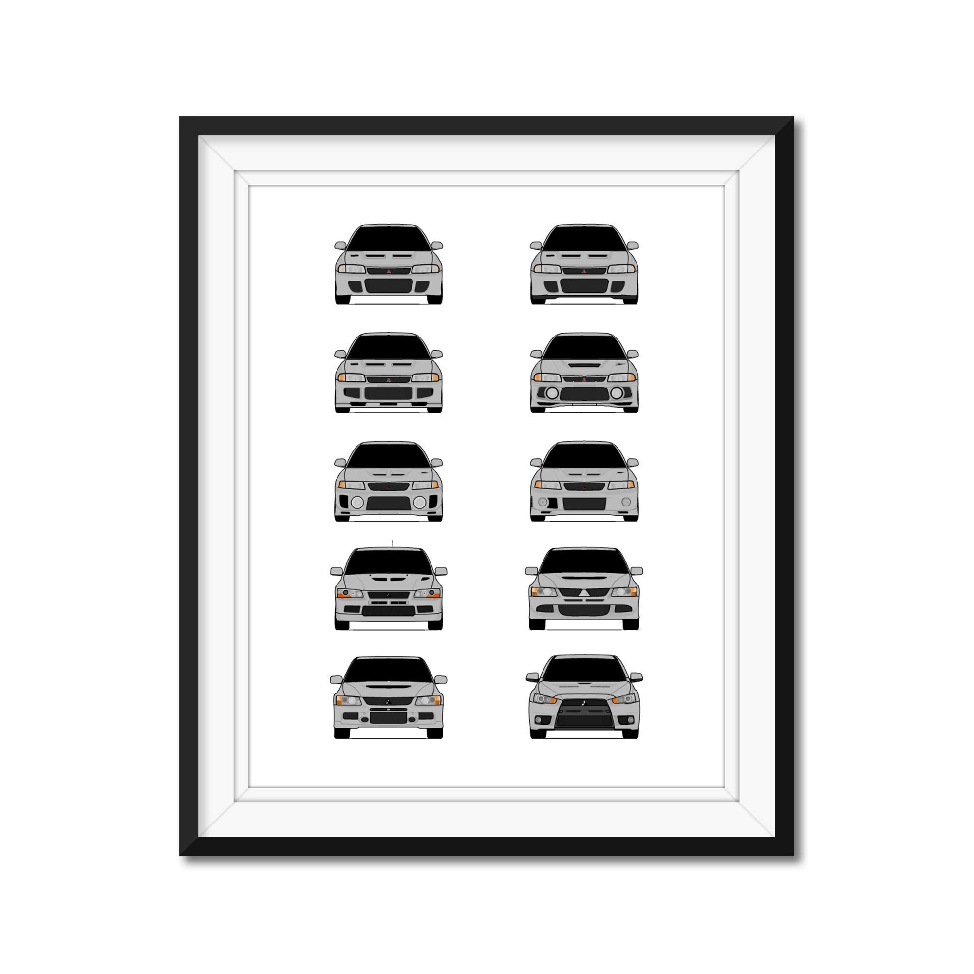 Mitsubishi Lancer Evolution Generations Inspired Car Poster - Handmade Print of Mitsubishi Evo (Evo I to Evo X) - Silver, 8x10" Satin Print (Unframed)-Perfect Gift Car Enthusiast