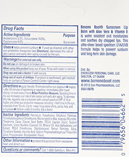 Banana Boat Sunscreen Aloe Vera with Vitamin E Broad Spectrum Sun Care Sunscreen Lip Balm - SPF 45, 0.15 Ounce (Pack of 24)