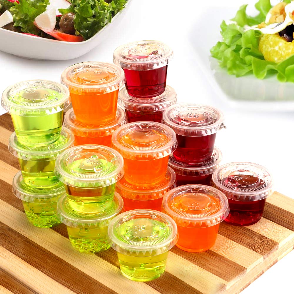 TashiBox 1oz-100 Sets Plastic Disposable Jello Shot Cups with Lids/Souffle Portion/Sauce Salad Dressing/Condiment Cups, 100 pack Clear Plastic Disposable Food Containers with Lids (1 Ounce)…