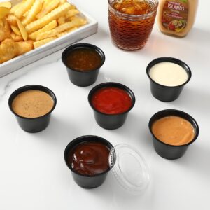 AOZITA 120-4 oz Black Portion Cups, Small Plastic Containers with Lids, Airtight Souffle Cups, Salad Dressing Container, Sauce Cups, Condiment Cups for Lunch, Party to Go, Trips