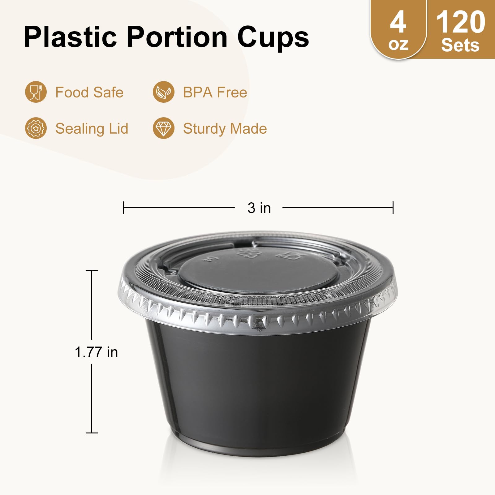 AOZITA 120-4 oz Black Portion Cups, Small Plastic Containers with Lids, Airtight Souffle Cups, Salad Dressing Container, Sauce Cups, Condiment Cups for Lunch, Party to Go, Trips