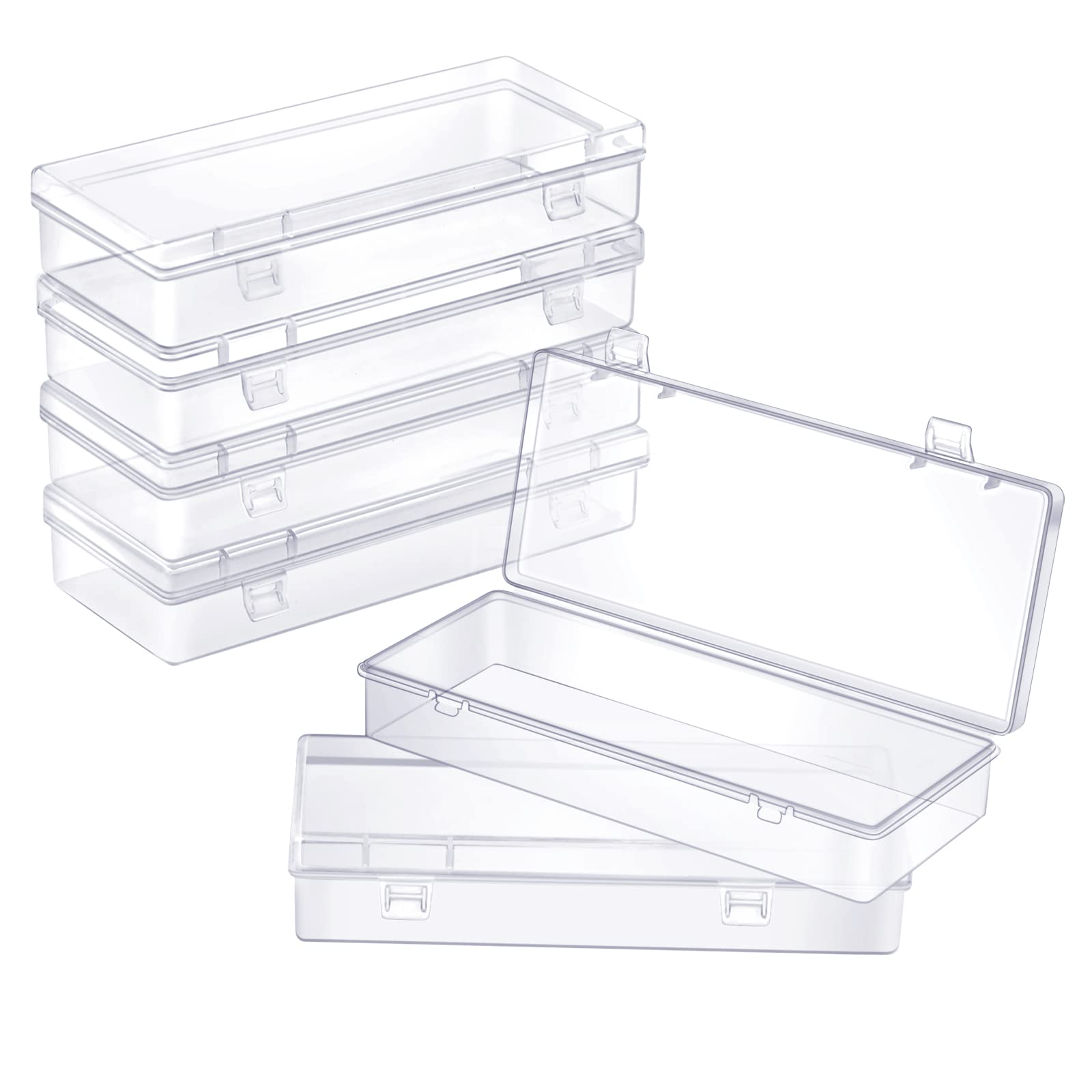 ZORRITA 6 Pack Small Plastic Storage Containers with Hinged Lids, Rectangle Clear Plastic Boxes for Beads, Jewelry, Game Pieces and Crafts Items (6.1 x 2.36 x 1.1 Inch)