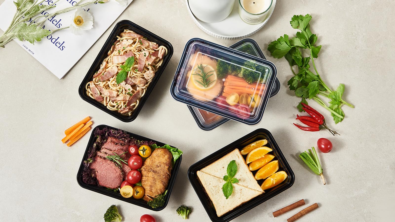 FULIGN 24 oz Meal Prep Containers With Lids Reusable 50 Pack Extra-thick Plastic Food Storage Black Disposable To Go Lunch Box BPA Free Stackable Microwave Dishwasher Freezer Safe