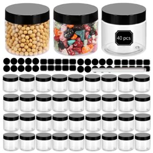 starside 40 pack 180ml 6 oz empty clear plastic jars with black lids, refillable round containers for slime,beauty products, powder, cream, scrubs, cookie,dried fruit. include 1 pen and 80 labels.