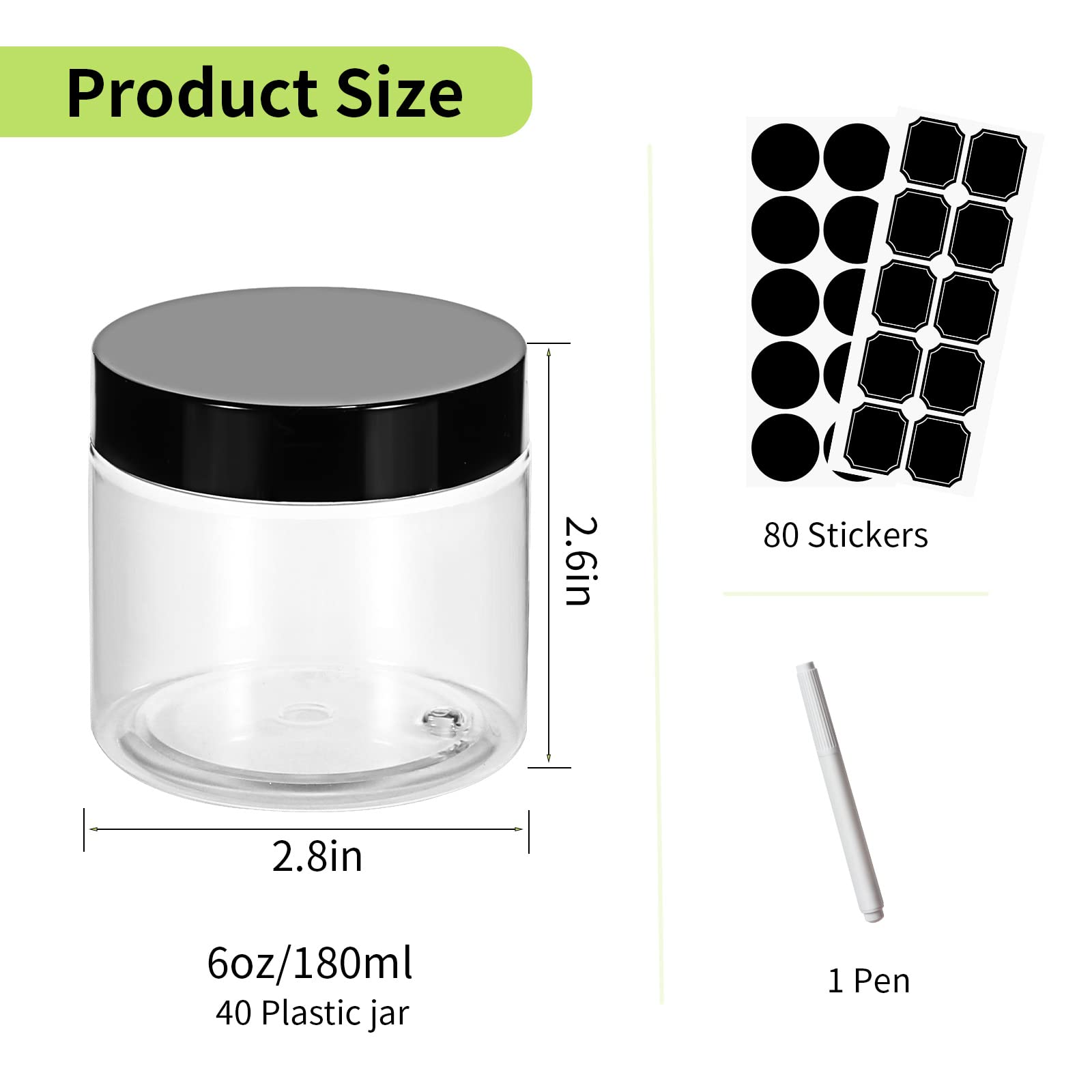 STARSIDE 40 Pack 180ml 6 oz Empty Clear Plastic Jars with Black Lids, Refillable Round Containers for Slime,Beauty Products, powder, Cream, Scrubs, Cookie,Dried Fruit. Include 1 Pen and 80 Labels.