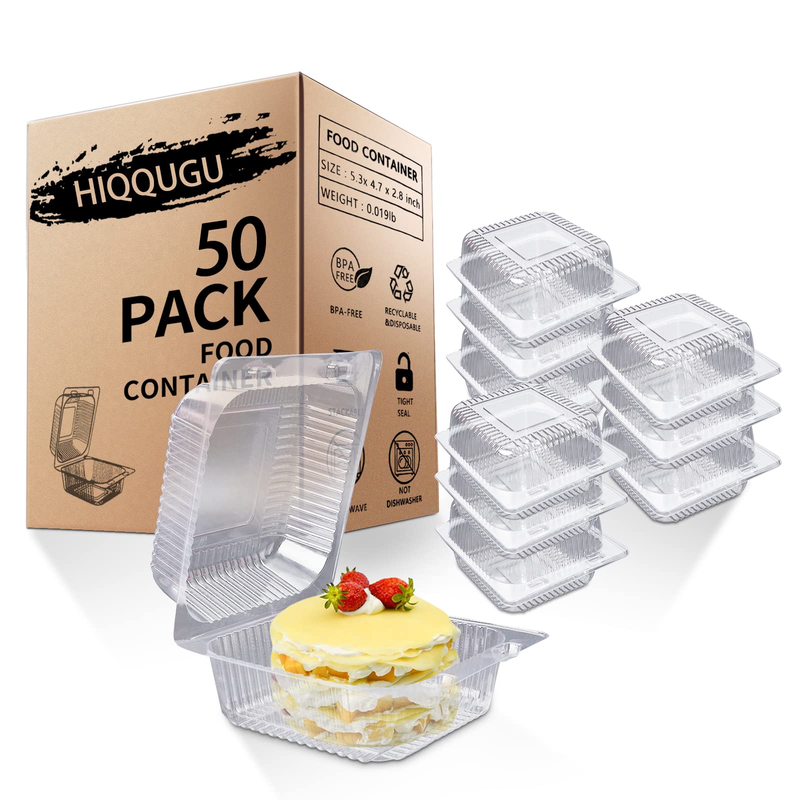 HIQQUGU 50 PCS Plastic Hinged Take Out Containers Clamshell Take Out Tray, Clear Plastic Take out Containers, for Sandwiches, Salads, Hamburger (5x4.7x2.8 in).