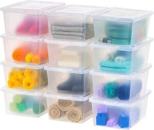 iris usa 17 qt clear storage box, bpa-free plastic stackable bin with lid, 12 pack, containers to organize shoes and closet shelves, classroom organization teacher tools, game storage