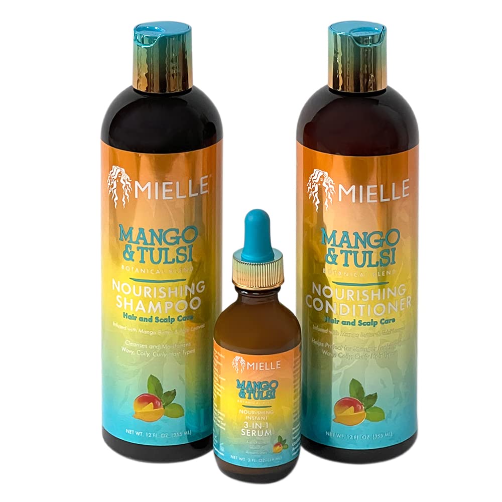 Mielle Mango & Tulsi Nourishing Botanical Blend Infused with Mango Butter & Tulsi Leaves Scalp Care & Stronger Looking - Shampoo, Conditioner & 3-in-1 Serum – Styling Bundle Set 3 PCS