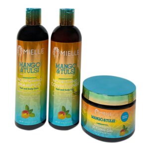 mielle - mango & tulsi – nourishing botanical blend – infused with mango butter & tulsi leaves – shampoo, conditioner & styling gel – bundle set 3 pcs