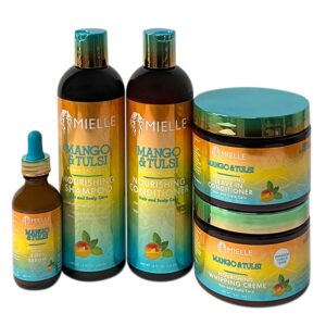 mielle mango & tulsi nourishing botanical blend infused with mango butter & tulsi leaves scalp care & stronger looking curly hair types styling bundle set 5 pcs